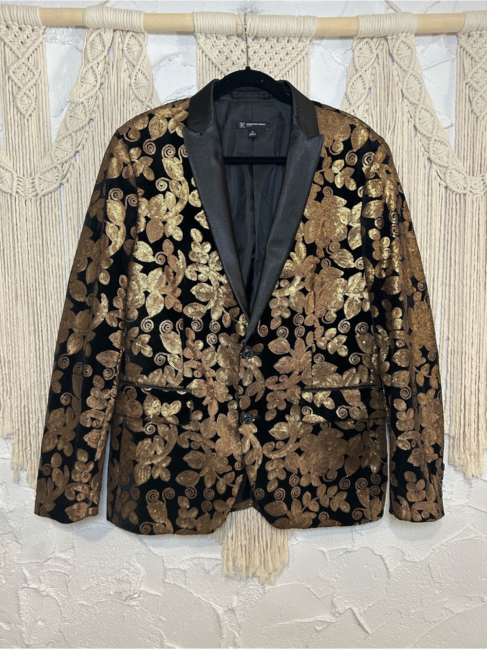 INC International Concepts Gold Floral Sequin Tuxedo Blazer Men’s M Women’s Lg